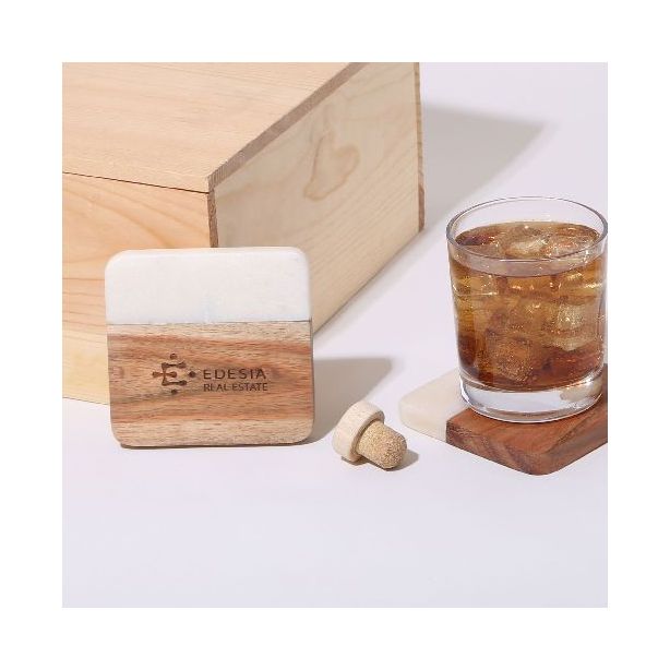 BAGMC | 2 Pc. Acacia Wood & Marble Coaster Se